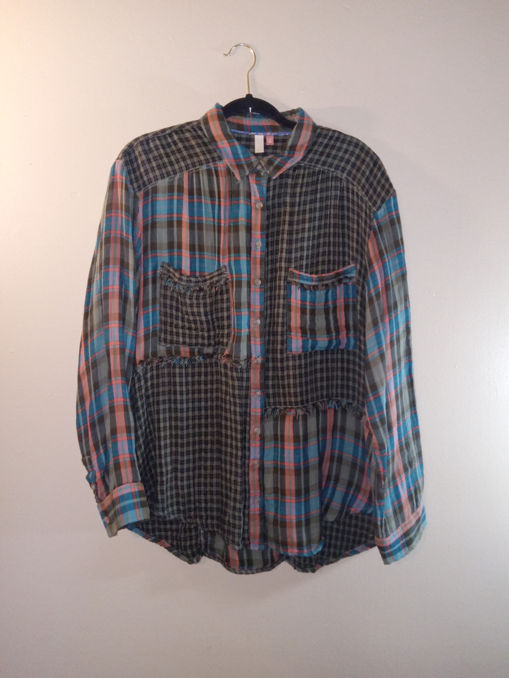 Pilcro Women's Patchwork Plaid Button-Down Shirt in Blue and Brown